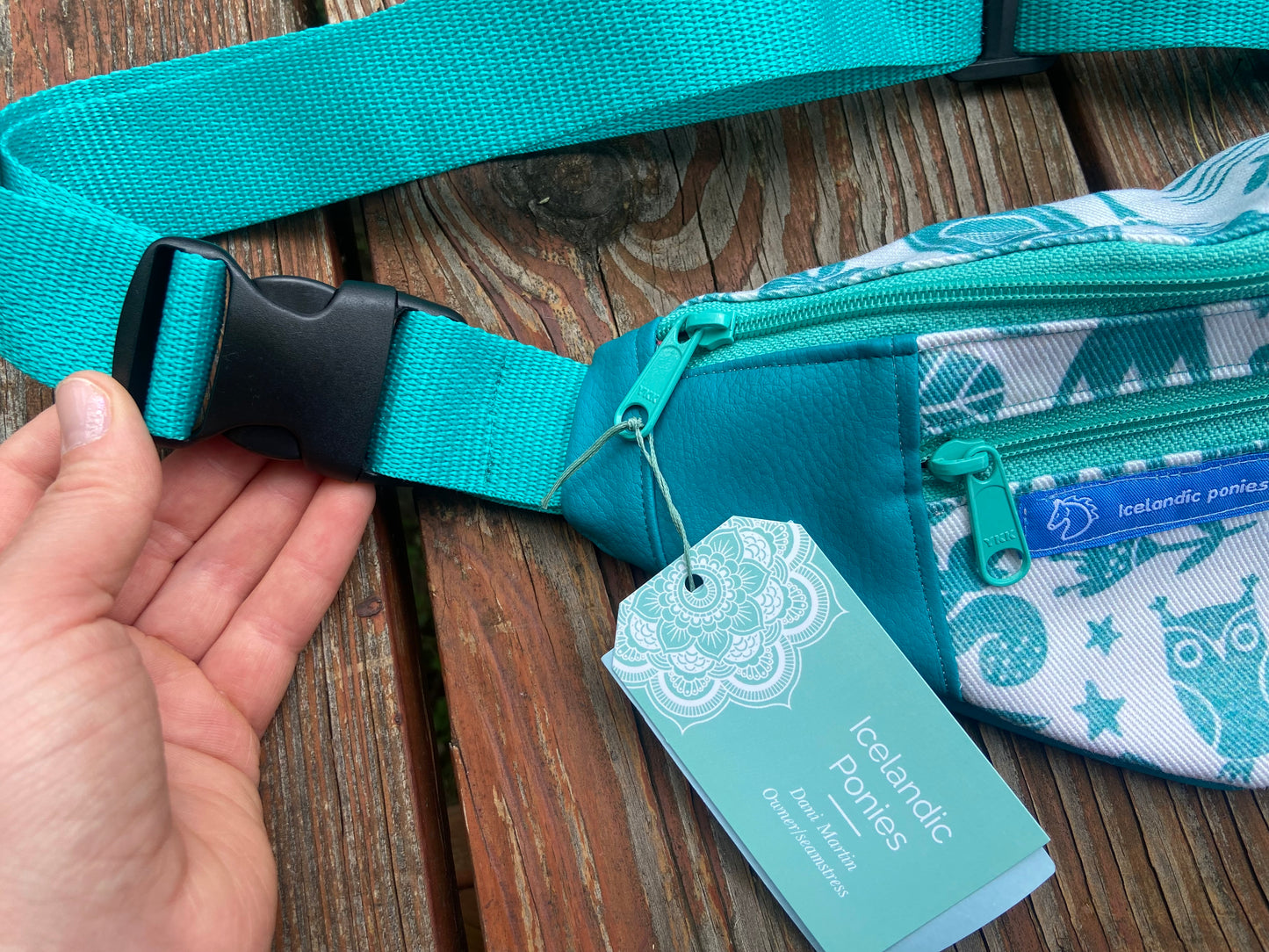 Aqua canoe, owl and guitar cross body bag