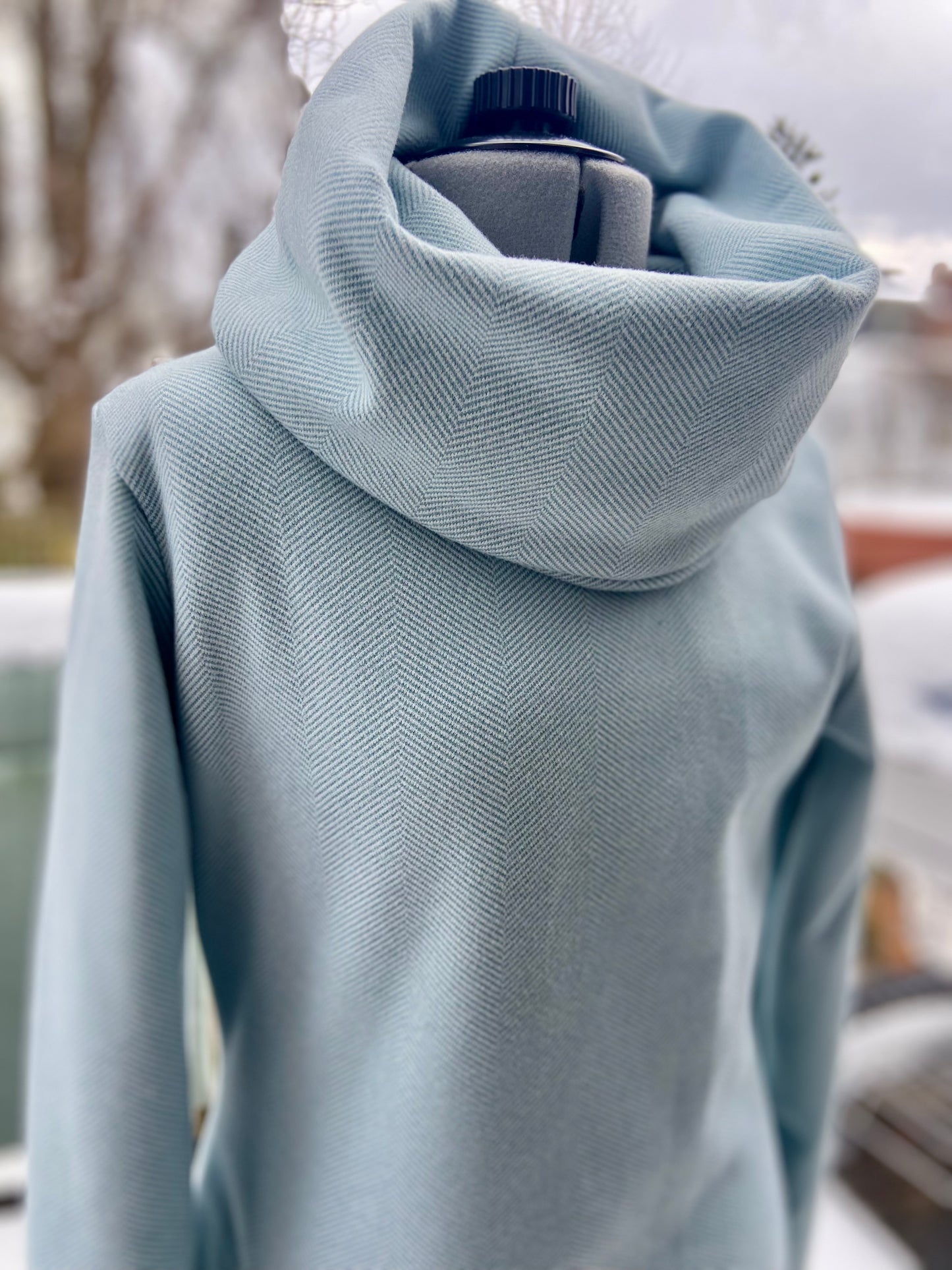 Light Blue Herringbone Brushed Knit Cowl Neck - Size Extra Small