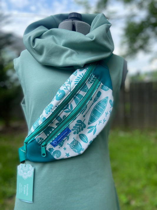 Aqua canoe, owl and guitar cross body bag